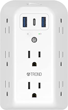 USB Wall Charger, TROND Surge Protector Power Strip, 8 Outlet Extender and 3 USB Charging Ports ( 1 USB C ) 3 Sided 1440 Joules Multi Plug Outlets Wall Adapter Spaced for Home School Kitchen Office