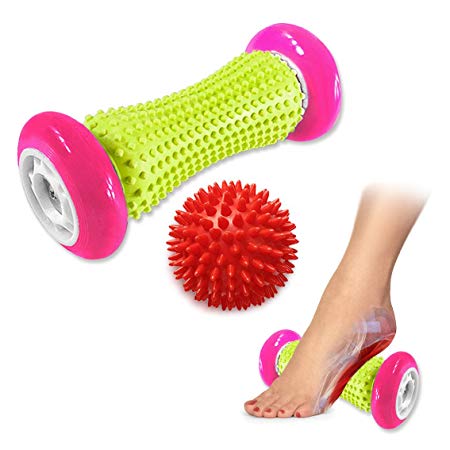 Pasnity Foot Massage Roller Spiky Ball Foot Pain Relief Massager Relieve Plantar Fasciitis and Heel Foot Arch Pain and Relax Shoulder Foot Back Leg Hand, Included 1 Roller & 1 Spiky Balls (Rose Red)