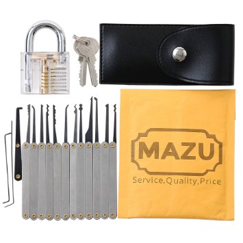 MAZU 15-Piece Unlocking Lock Pick Set Key Extractor Tool with Transparent Practice Padlock
