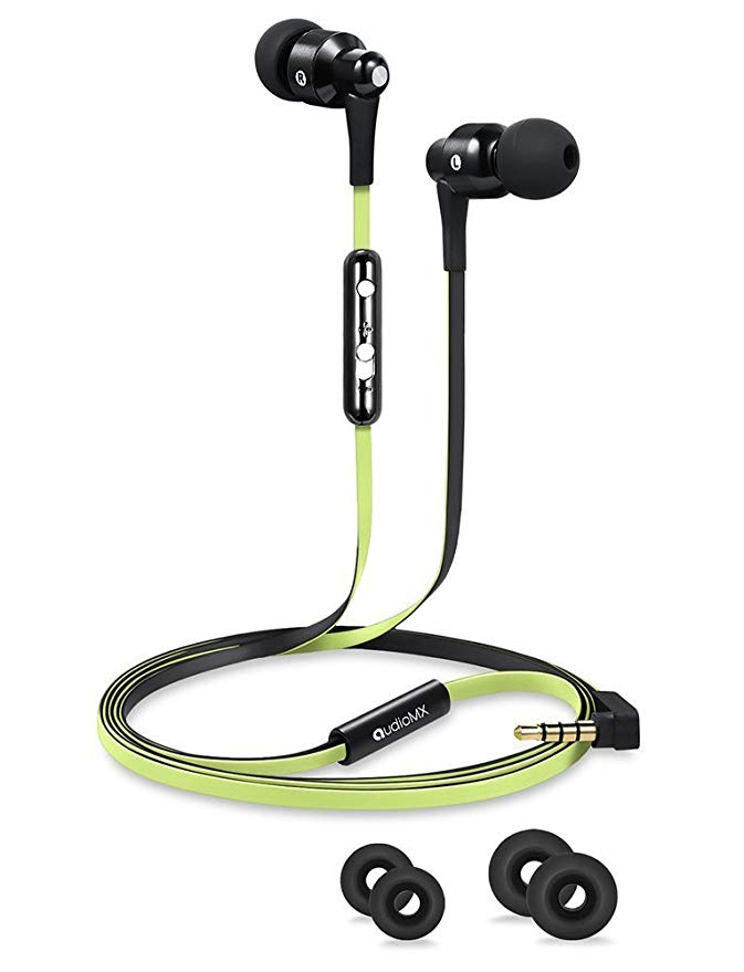 AudioMX EM-11G in-Ear Headphones with Mic & Volume Control, Green and Black Flat Cables, 3.5mm Jack