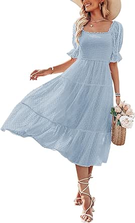 MEROKEETY Women's 2024 Summer Square Neck Puff Sleeve Boho Midi Dress Swiss Dot Ruffle Flowy Tie Back Dress