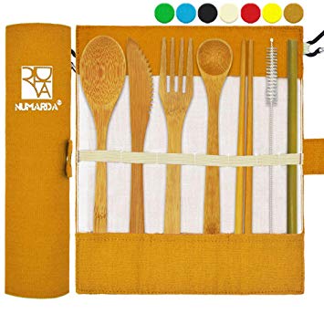 Bamboo Utensils | Eco Friendly Flatware Set | Bamboo Cutlery Set | Bamboo Travel Utensils|Camping Utensils Set | Portable Utensils Set|Knife, Fork, Spoon, Reusable Straws Chopsticks (Dark brown)