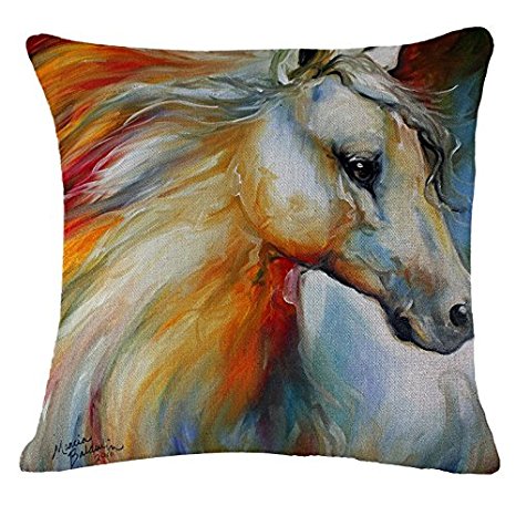 Oil Painting Horse Hand Painted Throw Pillow Case Cotton Blend Linen Cushion Cover Sofa Decorative Square 18 Inches(1)