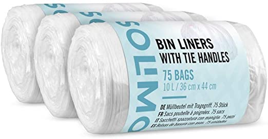 Amazon Brand - Solimo Bin liners with tie-handles - 10 liters - 3 x 75 pcs.