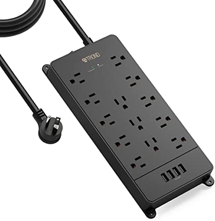 TROND Surge Protector Power Bar With 4 USB Ports, 10ft Long Extension Cord, Power Strip With 4000 Joules Surge Protection,13 Widely-Spaced Outlets,Flat Plug, Wall Mountable, ETL Listed, For Home, Office, Dorm, Black