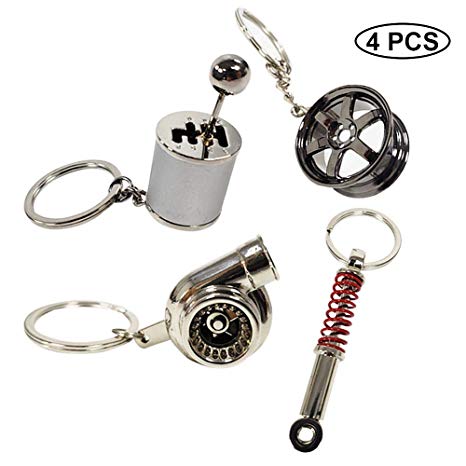 Ispeedytech 4 Auto Part Model Metal Keychain/Key Ring/Holder Set- Wheel Rim Tyre,Spinning Turbo, Six Speed Manual Transmission Shift, Spring Shock Absorber Keychain