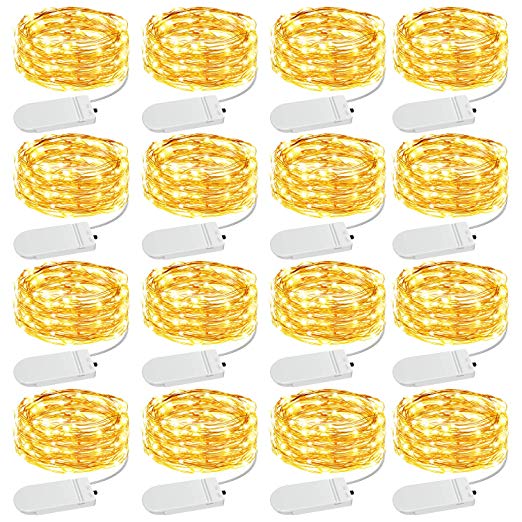 Olafus 16 Pack LED String Lights, 2m 20 Copper Wire Micro LED Fairy Lights with Battery (Included), IP68 Waterproof Firefly Light for Indoor & Outdoor Decor, Wedding Party, Christmas DIY, Warm White