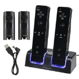 Insten Dual Charging Station w 2 Rechargeable Batteries and LED Light for Wii Remote Control Black - Original Wii Controllers Not Included Retail Packaging