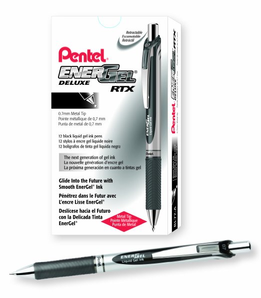 Pentel EnerGel Deluxe RTX Gel Pens, 0.7 mm Metal Tip, Black/Silver Barrel, Black Ink, 12 Each (BL77-A)