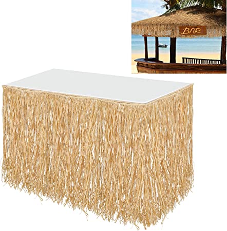 Natural Raffia Table Skirt Luau Grass Table Skirt Raffia Beach Fringe Decoration for Tropical Birthday Party Tiki Bar, Chair Skirt, Deck Skirt, Luau Tropical Hawaiian Party(1,108 x 30 Inch)