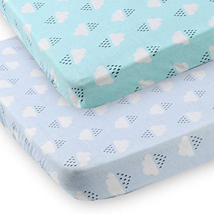Pack n Play Fitted Playard Sheet 2 Pack 100% Jersey Cotton Portable Mini Crib Sheets Stretchy Soft, Clouds and Raindrops Printing, Green and Blue