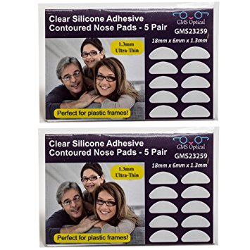 GMS Optical® 1.3mm Ultra-Thin Anti-slip Adhesive Contoured Silicone Eyeglass Nose Pads with Super Sticky Backing - 5 Pair (Clear - 2 Pack)