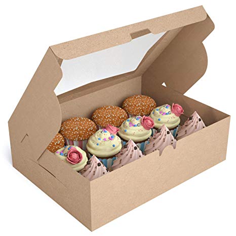 X-Chef Cupcake Boxes, Food Grade Kraft Cupcake Carrier with Inserts and Display Windows Fits 12 Cupcakes or Muffins,12 Packs