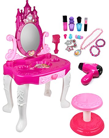 Kiddie Play Pretend Play Kids Vanity Table and Chair Beauty Play Set with Fashion & Makeup Accessories for Girls
