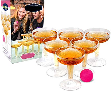 Ideas In Life Champagne Pong Classic Party Drinking Game Set - Contains 12 Plastic Reusable Glasses and 6 Pink Pong Balls for Weddings, Parties and More