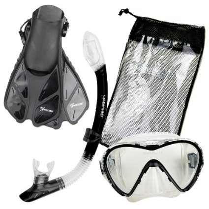 Seavenger Adult and Junior Diving Snorkel Set- Dry Top Snorkel  Trek Fin  Single Len Mask  Gear Bag- Blueredyellowblackbs
