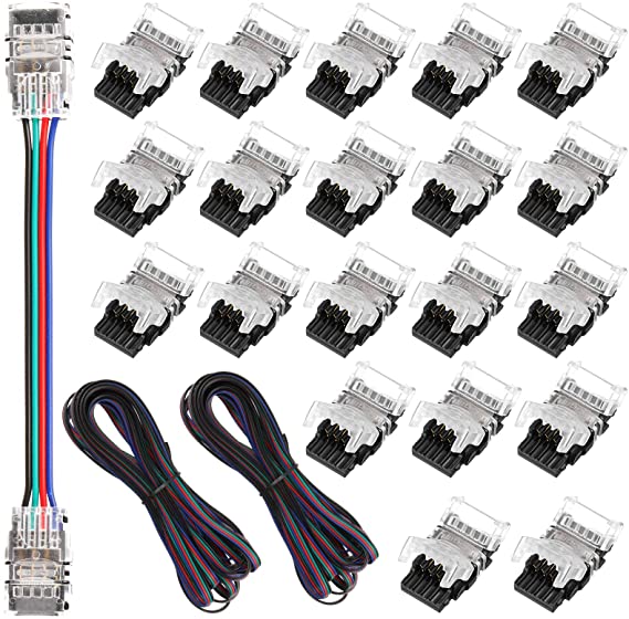 20 Pieces 4 Pin LED Light Strip Connectors Waterproof 10mm RGB 5050 LED Strip Lights Connector Strip to Wire Connector LED Strip Jumper Connector with 2 Pieces 16.4 Feet Extension Cables