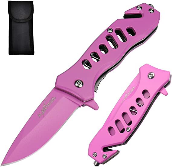 ALBATROSS EDC Cool Sharp Tactical Folding Pocket Knife,SpeedSafe Spring Assisted Opening Knifes with Liner Lock,Pocketclip,Glass Breaker,Seatbelt Cutter(Pink)