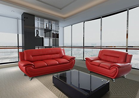 GTU Furniture Contemporary Bonded Leather Sofa & Loveseat Set, 2 Piece Sofa Set (RED)