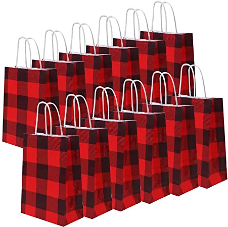 Cooraby 20 Pieces Red and Black Plaid Paper Party Bags Gift Bag Christmas Bag Birthday Kraft Party Bags with Handle for Wedding and Party Celebrations