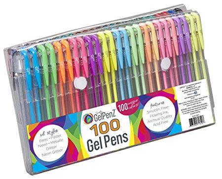 GelPenz 100-Count Gel Pens in Folding Vinyl Case for Adult Coloring Books, 100 Unique Colors