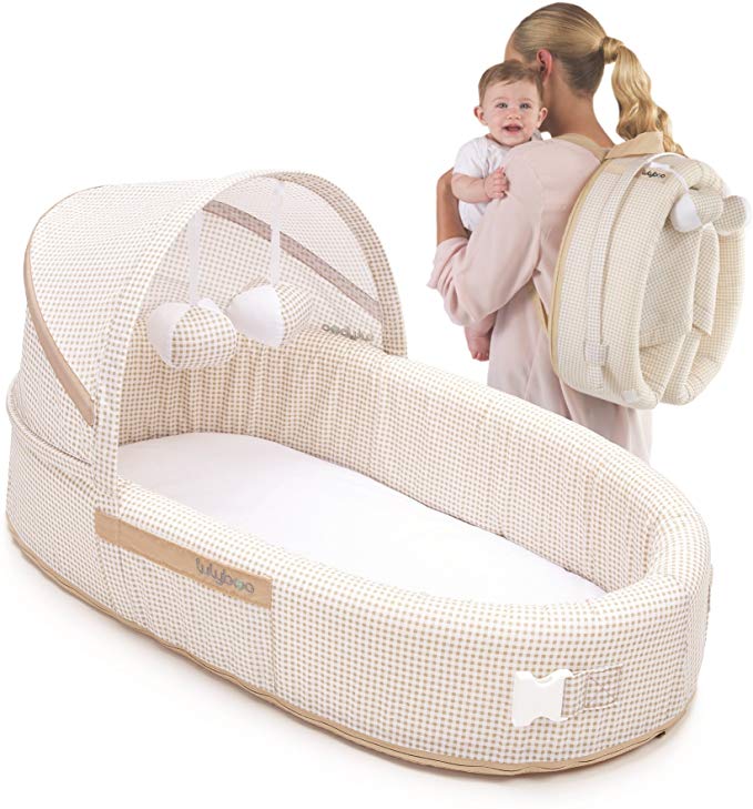 LulyBoo Baby Lounge To Go - Portable Infant Bed Folds Into Backpack - With Activity Bar And Rattle Toys (Beige)