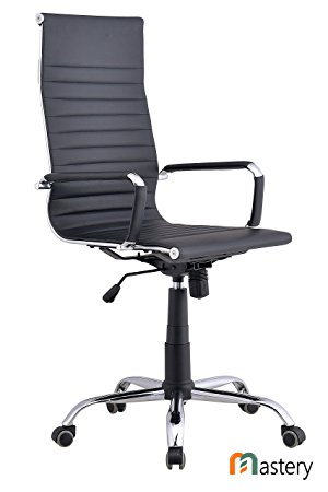 Mastery Mart Office Chair Ribbed Soft PU Leather Tilt Adjustable Swivel Eames Chair with Padded Armrests (Black, High-Back)