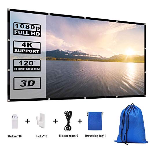 Yome 120 Inch Projector Screen, 16:9 HD Anti-Crease Indoor Outdoor Foldable Portable Movie Screen Support Double Sided Projection for Home Office Travel Party, 4K, 3D, White