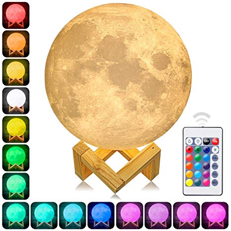 Moon Lamp, 16 Colors 15cm 3D Print LED Moon Light Remote Control Stepless Dimming RGB Table Bedside Lamp with Wooden Mount