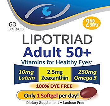 Lipotriad Adult 50  Eye Vitamin & Mineral Supplement w/10mg Lutein, Zeaxanthin, Omega 3, Vitamin C, E, Zinc Copper -Helps keep eyes healthy* -Dye Free - 1 Per Day, 2mo Supply, 60 Softgels