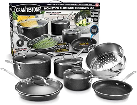 GRANITESTONE 2228 10-Piece Nonstick Cookware Set, Scratch-Resistant, Granite-coated Anodized Aluminum, Dishwasher-Safe, PFOA-Free As Seen On TV