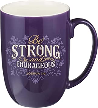 Christian Art Gifts Coffee Mug: Strong and Courageous - Joshua 1:9 Inspirational Scripture, 15oz, Purple