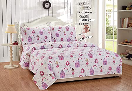 Kids Zone 3 Piece Twin Size Sheet Set for Girls/Teens Fairy-Tales Princess Castle Carriage White Pink Lavender New