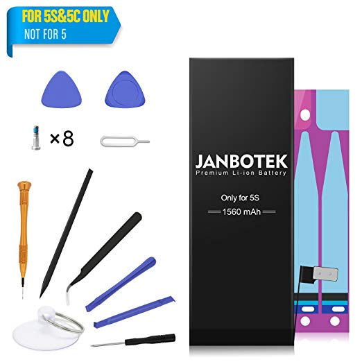 JANBOTEK Replacement Battery Compatible with iPhone 5S / 5C - Repair Kit with Tools, Adhesive Strips - New 1560 mAh 0 Cycle Battery - 24-Month Warranty