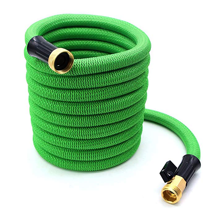 Garden Hose 100Ft Expandable Garden Water Hose Set with 3/4 Inch Shutoff Valve Nickel Plating Solid Brass Connector End, Anti-Rust Green Expanding Hose Heavy Duty with Storage Bag (100FT, Green)