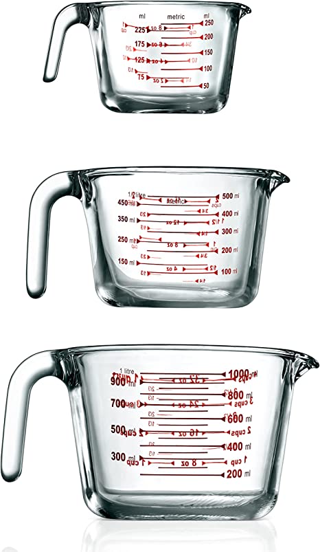 NutriChef 3 Pieces Measuring Cups - BPA-Free Premium Heat Resistant Borosilicate Glass Measuring Cups w/ Handle, Precise Measurement w/ Oz & Ml Scale, in 250ml 500ml & 1000ml, Microwave & Oven Safe