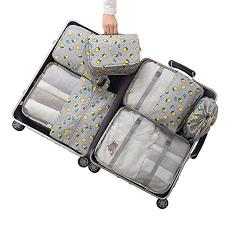 8 Pieces Luggage Packing Cubes Travel Organizers Clothes Storage Bags Toiletry Bag (Gray- Yellow Lemon)