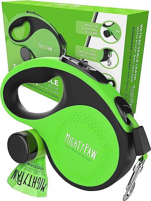 Mighty Paw Retractable Leash with Built-in Poop Bag Holder | 16' Long Retractable Dog Leash for Small Dogs, Medium Breeds & Large Pets. Dog Leash Retractable Tape for Quick Control. Poop Bags Included