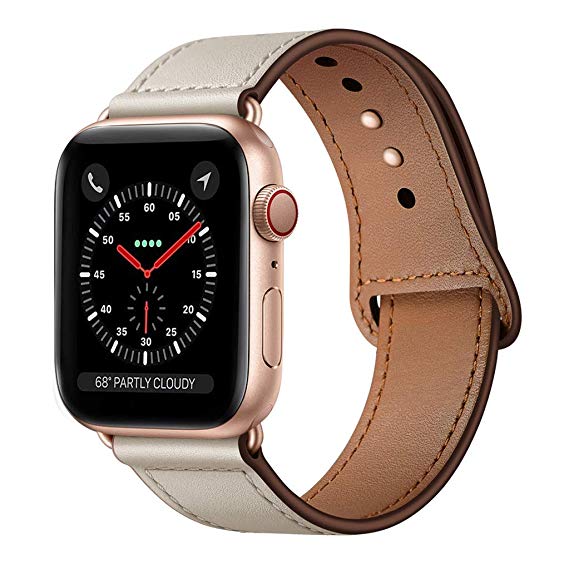KYISGOS Compatible with iWatch Band 44mm 42mm, Genuine Leather Replacement Band Strap Compatible with Apple Watch Series 5 4 3 2 1 42mm 44mm, Beige Band   Rose Gold Adapter