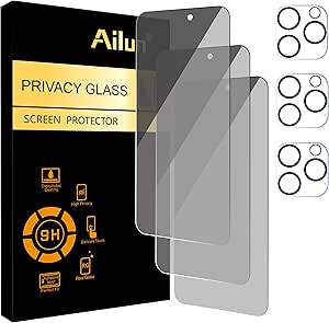 Ailun 3Pack Privacy Screen Protector for iPhone 16 Pro [6.3 inch] 3Pack Camera Lens Protector,Dynamic Island Compatible,Anti Spy Tempered Glass[9H Hardness]- HD[6 Pack]