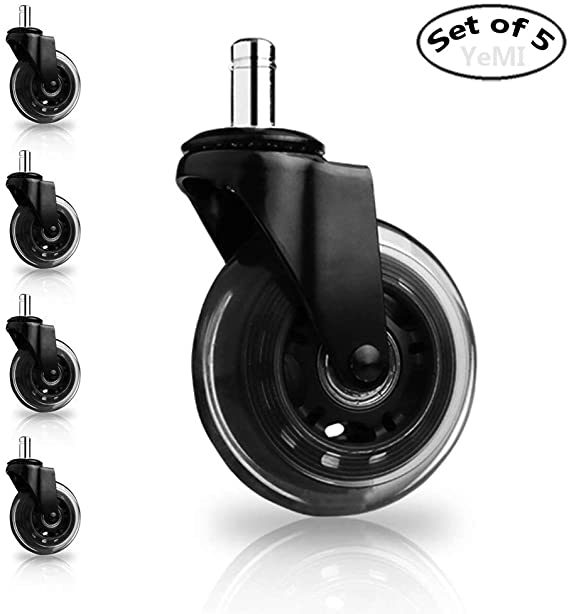 YeMI 3 Inch Office Chair Casters Set of 5, 11 mm Heavy Duty Desk Replacement Wheels, Soft Clear Polyurethane Casters Safe for Hardwood Floor, Carpet and Tile-No need for Mat(Stem Size 7/16'' X 7/8'')