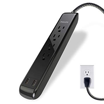 Philips 4 Outlet Power Strip Surge Protector with 2 USB Ports, 4 Ft Power Cord, Designer Braided Extension Cord, Flat Plug Extension Cord, Perfect for Office or Home Décor, 720 Joules, 2.4A USB, SPC62