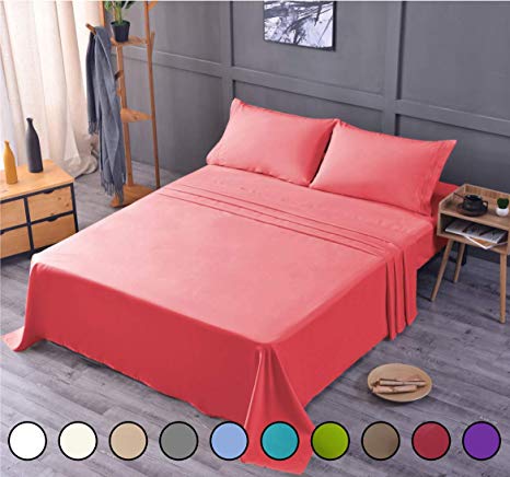 Cool Bamboo Ultra Soft Sheet Set – 100% Bamboo, Wrinkle and Shrink Resistant, Deep Pocket, Machine Washable, Hypoallergenic, Fade Resistant Bedding Sheet – 4 Piece Set (Queen, Coral)