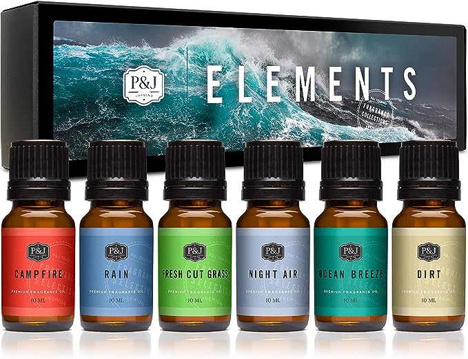 Elements Set of 6 Fragrance Oils - Premium Grade Scented Oil - 10ml - Campfire, Night Air, Ocean Breeze, Dirt, Rain, Fresh Cut Grass