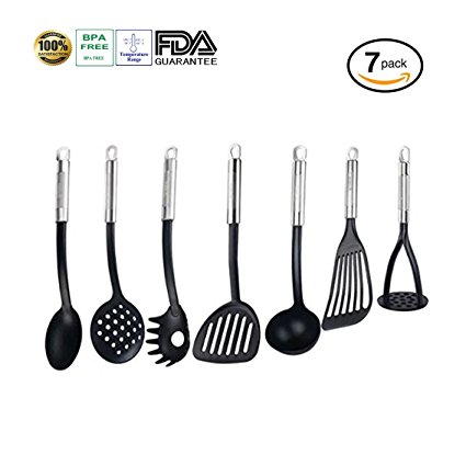 Tenta Kitchen Stainless Steel Nylon Utensil Set in 7 - Nylon Flexible Fish Turner/Ladle/Basting Spoon/Potato Masher/Pasta Fork/Skimmer