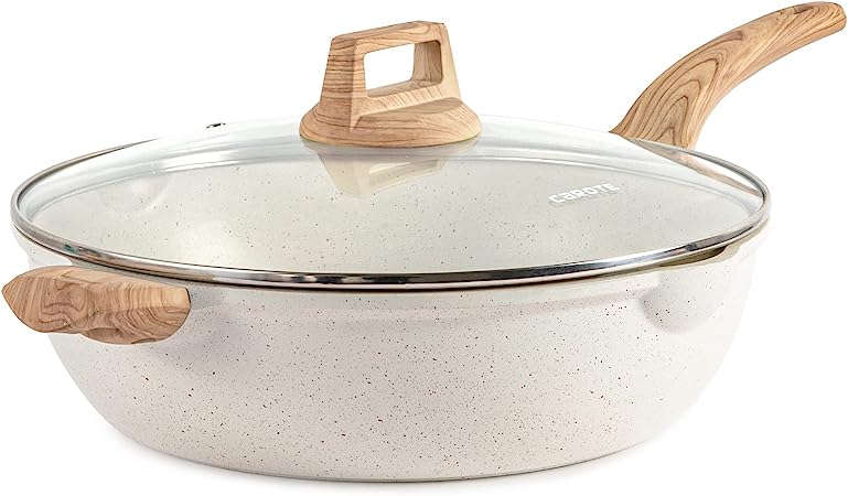 CAROTE Frying Pan with Lids, Non Stick Deep Frying Pan, Non-Stick Cooking Pot with Lid, Induction Pan (6.5 QT White Granite)