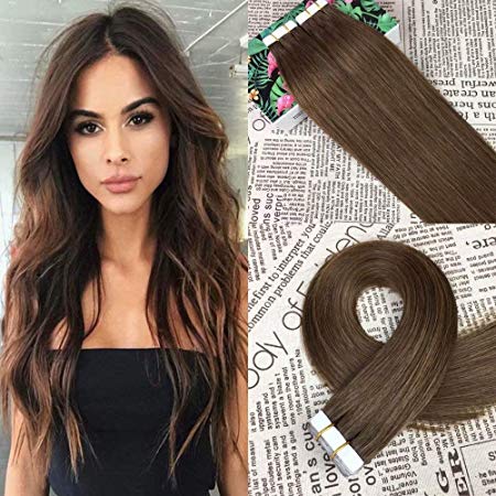 HIKYUU 16 Inches 20pcs/30g Seamless Tape in Brazilian Human Hair Extensions Light Brown Tape in Hair Extensions 100% Skin Weft Real Remy Brazilian Human Hair