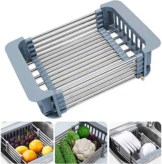 Expandable Dish Drying Rack Over Sink Stainless Steel Dish Basket Drainer with Adjustable Arms Functional Kitchen Sink Organizer for Vegetable, Fruit and Tableware(19 inch)