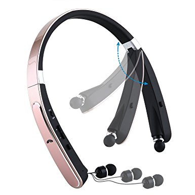 Mee'sport Foldable Bluetooth headset,Neckband Bluetooth Headphones with Retractable Earbuds Earpiece Invisible V4.1 Wireless Stereo Noise Cancelling Earphones for iPhone Android Other Devices RoseGold