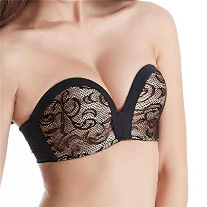 Yunilya Invisible Strapless Sexy Push Up Bra Lace Embroidery Underwear Women Antiskid Cup Wedding Dress Body Shaper Lingerie